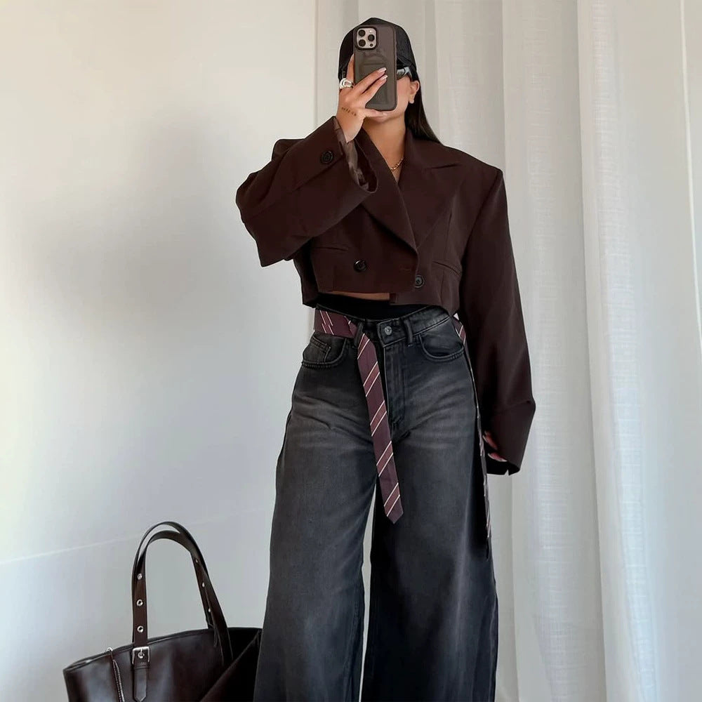 Women Cropped Boxy Short Blazer with Boxy Silhouette and Extra Long Sleeves Mune Fashion