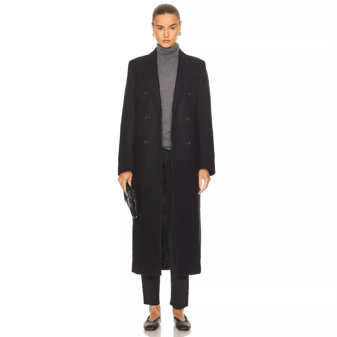 Women Maxi Length Double Breasted Wool Blend Long Coat with Tailored Finish Mune Fashion