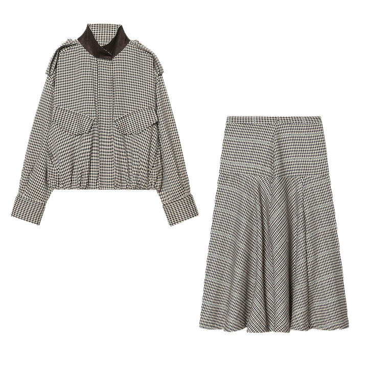 Ladies two-piece checkered set with short bomber-style shirt jacket and flared midi skirt Mune Fashion