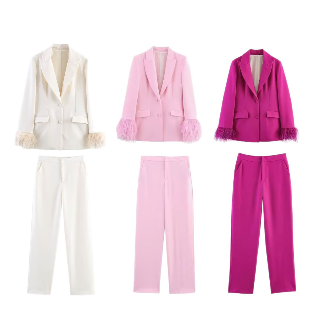Women Two-Piece Pants Suit with Feather Trim on Sleeve Edges Mune Fashion