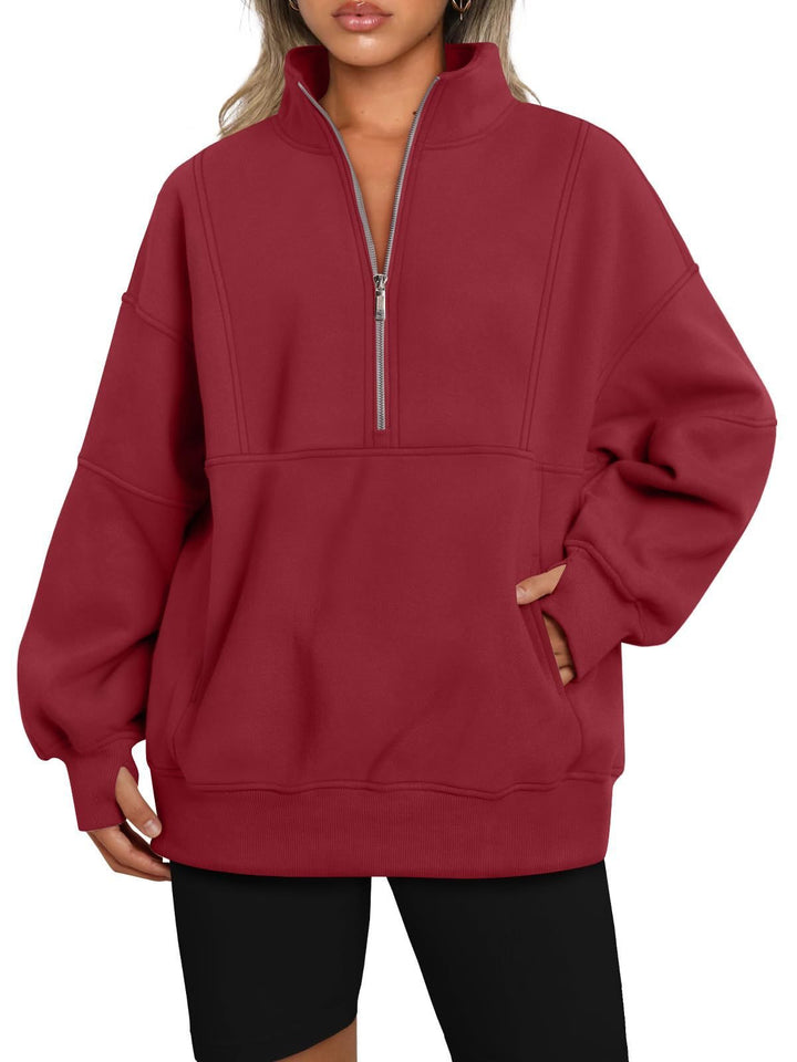Women's Oversized Sweatshirt with Half Zipper, Stand-Up Collar and Kangaroo Pocket Mune Fashion