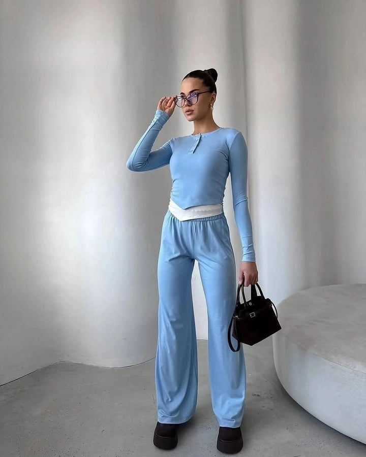 Women's loungewear set made of soft modal with Henley button placket and wide high-waist lounge pants Mune Fashion