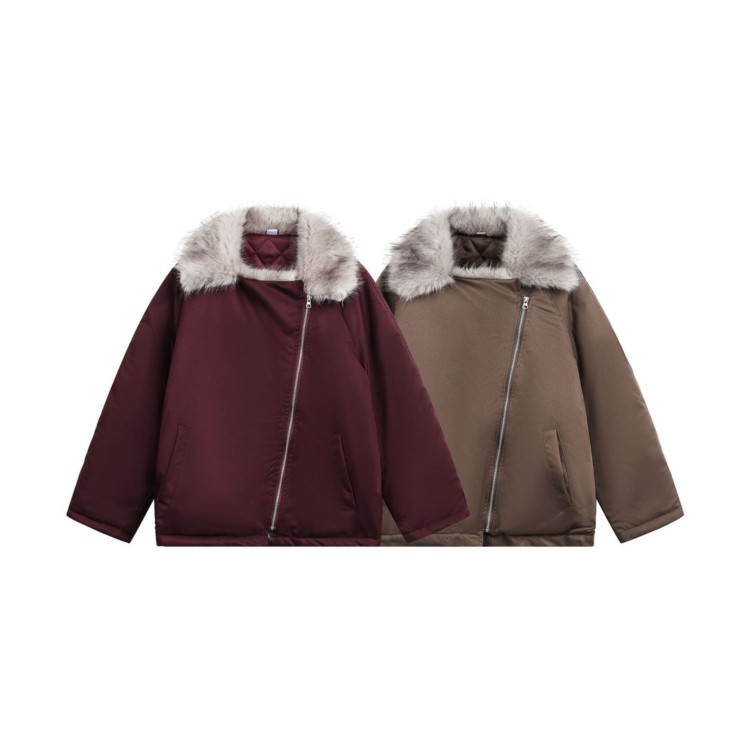 Women's Padded Short Parka with Faux Fur Collar and Asymmetrical Zipper
