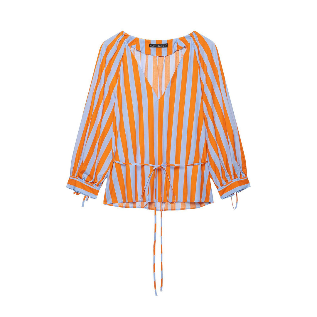 Women's Striped V-Neck Tunic Blouse with Balloon Sleeves and Drawstring Detail