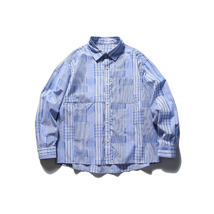 [Unisex] Oversize shirt in patchwork stripe mix with breast pocket and rounded hem Mune Fashion