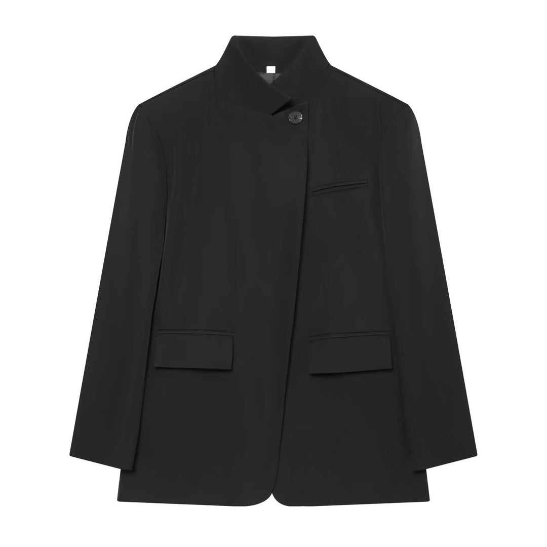 Women Checked Long Blazer with Stand Collar, Concealed Button Placket and Flap Pockets Mune Fashion
