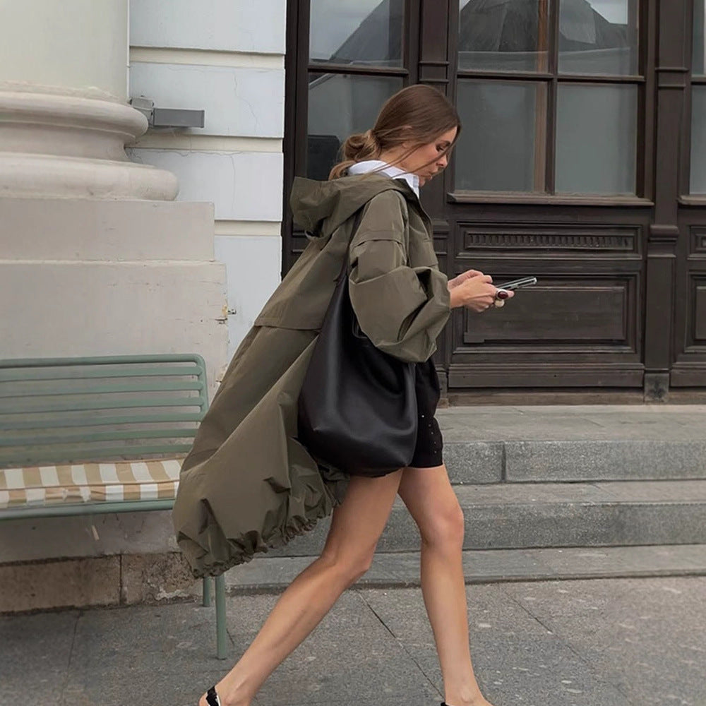 Women Oversized Utility Hooded Jacket with Drawstring, Flap Pockets and Elastic Cuffs Mune Fashion