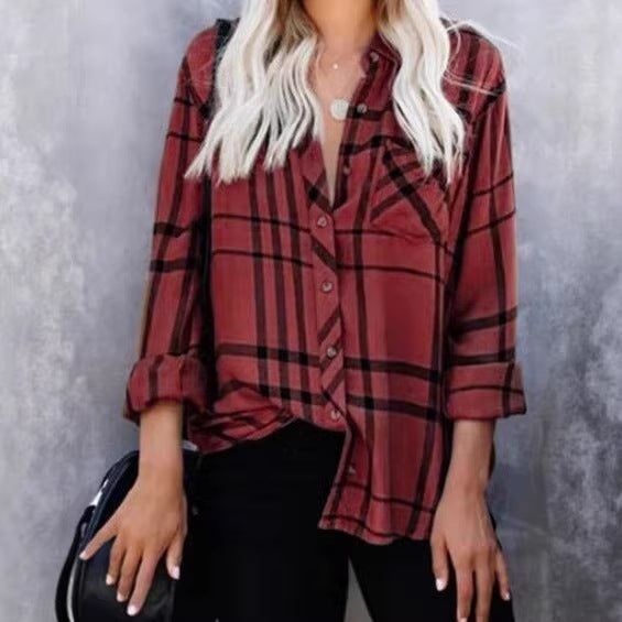 Women Oversize Shirt Blouse with Check Pattern, Chest Pocket and Roll-Up Sleeves Mune Fashion