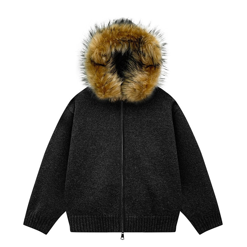 Women's Knit Bomber Jacket with Hood and Removable Faux Fur Trim Mune Fashion