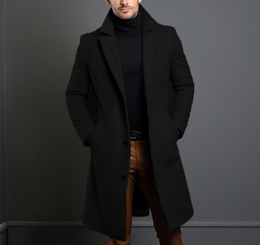 Men's Longer Tailored Wool Coat with Lapel Collar and Flap Pockets Mune Fashion