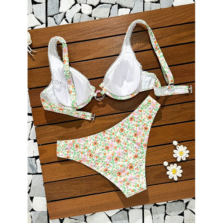 Women's bikini set with floral print and sophisticated ruffles