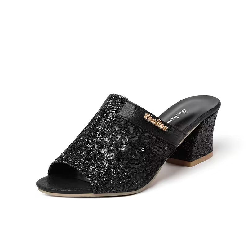 Women's elegant open slide with fine mesh, sparkling appliqués and mid-high block heel Mune Fashion