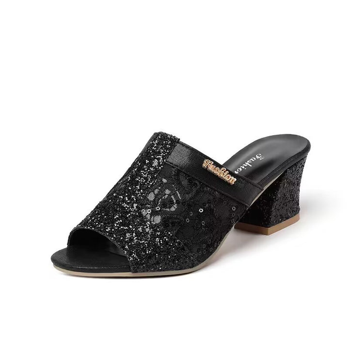 Women's elegant open slide with fine mesh, sparkling appliqués and mid-high block heel Mune Fashion