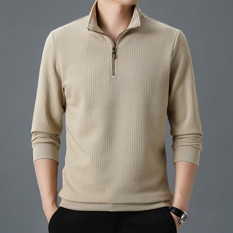 Men's Structured Pullover with Half Zipper High Stand Collar and Geometric Relief Structure Mune Fashion