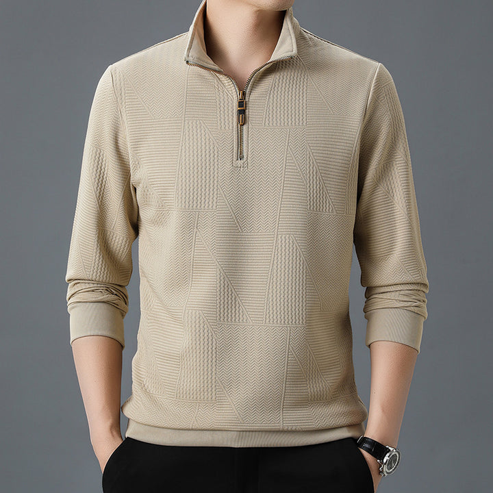 Men's Structured Pullover with Half Zipper High Stand Collar and Geometric Relief Structure Mune Fashion