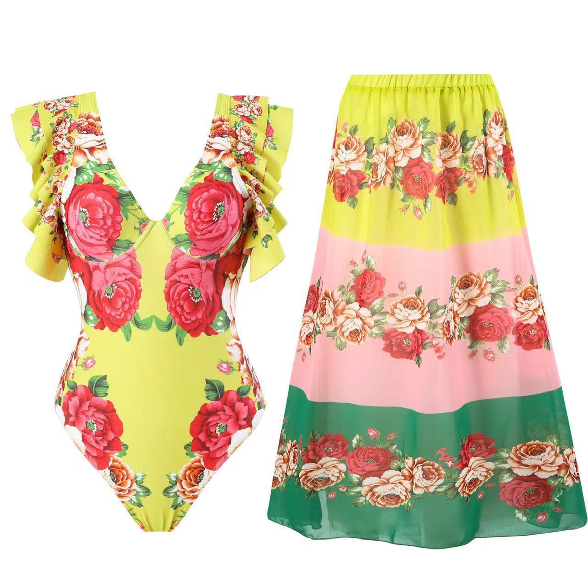 Ladies swimsuit set with voluminous ruffle design and floral wrap skirt Mune Fashion