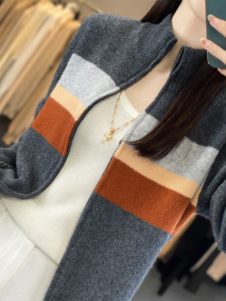 Ladies zip-up knitted cardigan made of soft wool blend with block stripes and ribbed hem Mune Fashion