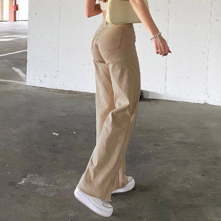 Women high-waisted wide-leg pants made of cotton blend with elongated legs and five-pocket design Mune Fashion