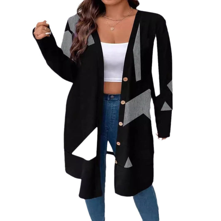 Women's Oversize Knit Cardigan with Geometric Print, Button Placket and Patch Pockets Mune Fashion