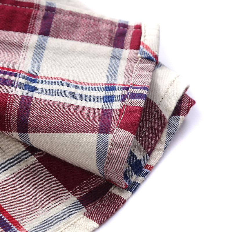 Men's Checked Cotton Flannel Shirt Jacket with Chest Flap Pockets and Shirt Collar Mune Fashion