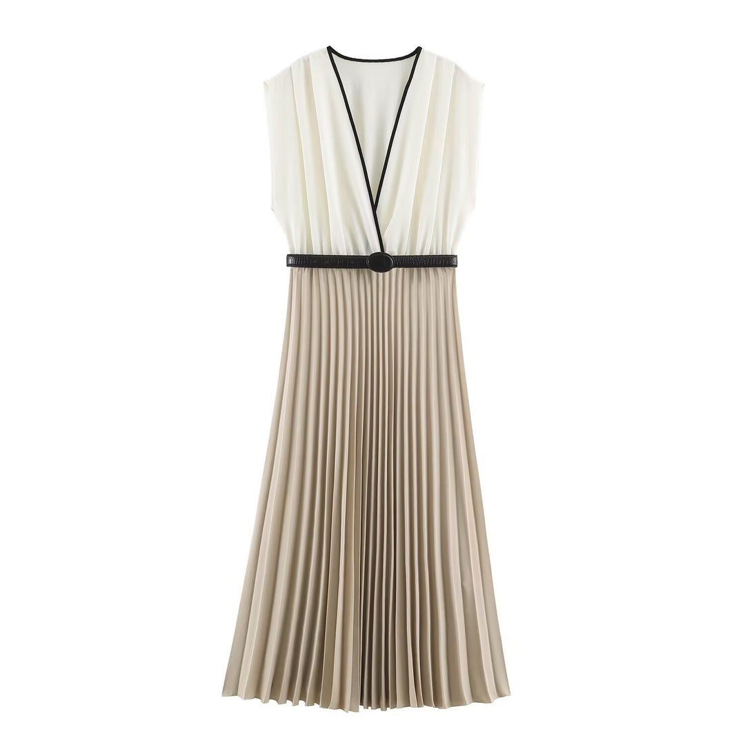 Women's Pleated Midi Dress with Wrap V-Neck and Waist Belt Mune Fashion