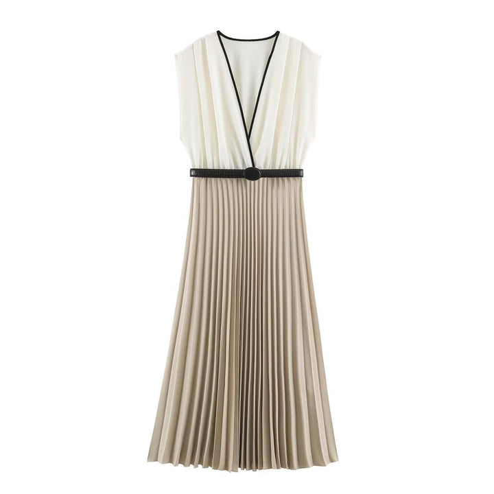 Women's Pleated Midi Dress with Wrap V-Neck and Waist Belt Mune Fashion