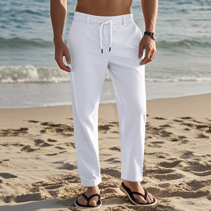 Men's lightweight linen lounge pants with elastic drawstring waistband, drawstring, and wide leg Mune Fashion