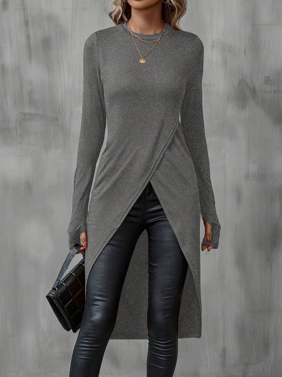 Women Asymmetrical Long Sleeve Tunic with Wrap Hem Mune Fashion