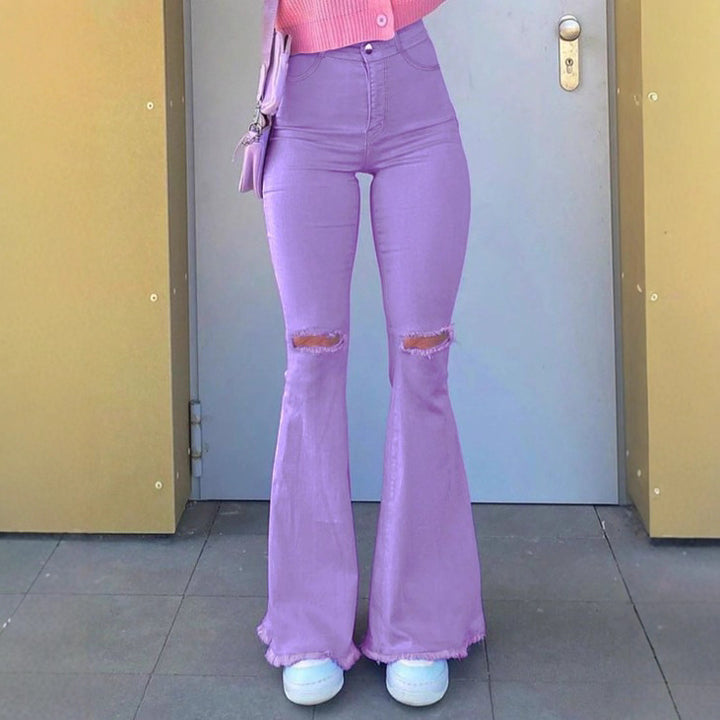 Women High-Rise Stretch Flared Jeans with Knee Rips, Flared Leg and Raw Hem Mune Fashion