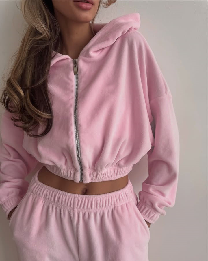 Ladies Nano Velvet Loungewear Two-Piece with Short Front Zip, Elastic Comfort Waistband, and Wide Trouser Leg Mune Fashion