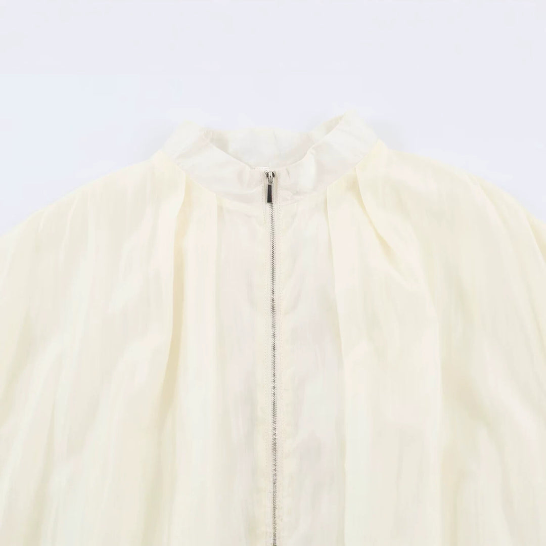 Women Light semi-transparent blouson jacket with balloon sleeves and metal zipper Drune