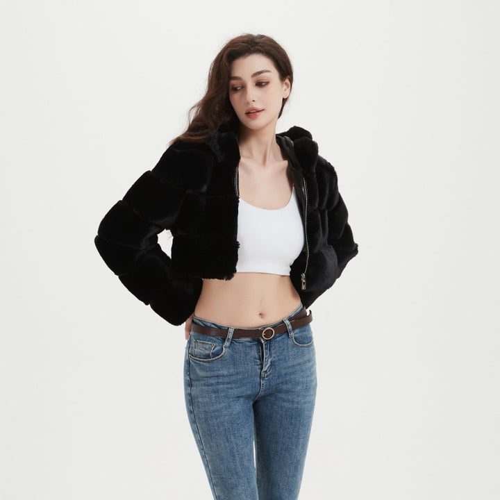 Women's Cropped Faux Fur Jacket with Quilted Panel Design and Hood Mune Fashion