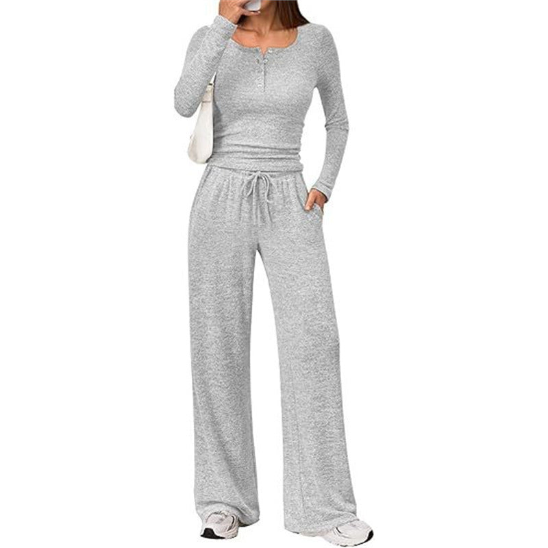 Women's Two-Piece Fine Knit Lounge Set with Henley Top and Palazzo Pants Mune Fashion