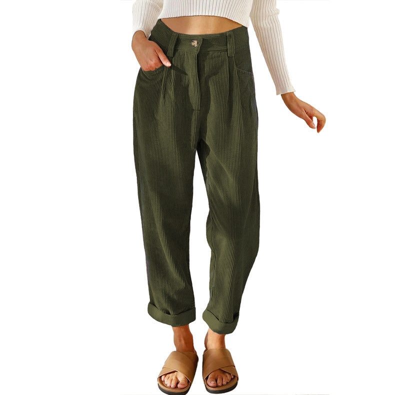 Women's Casual Corduroy Pants with High Waist, Loose Tapered Fit, and Cuffed Hem Mune Fashion