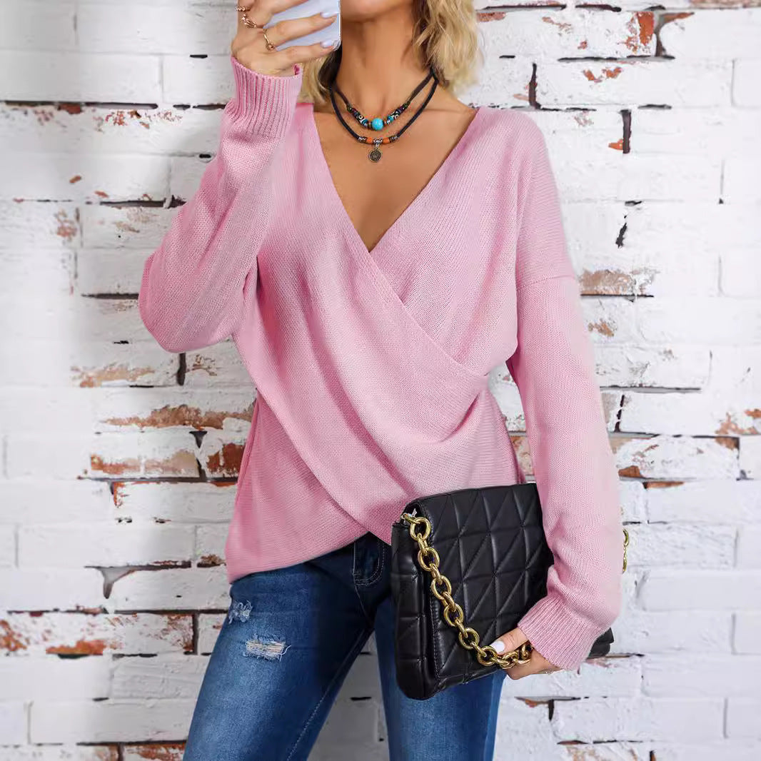 Women's Wrap Knit Sweater with Deep V-Neck and Drop Shoulders Mune Fashion
