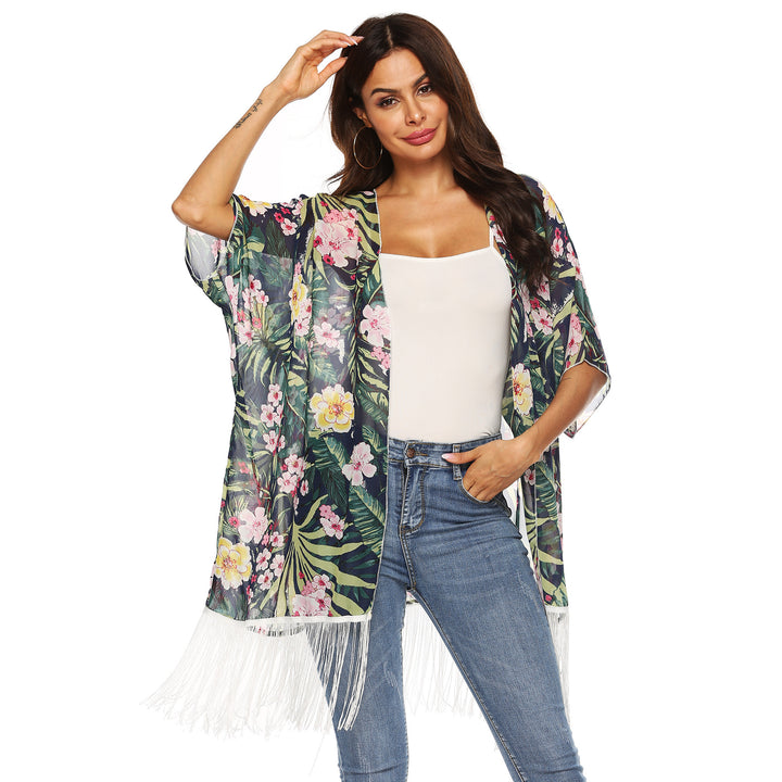 Women's kimono with floral design and fringes Mune Fashion