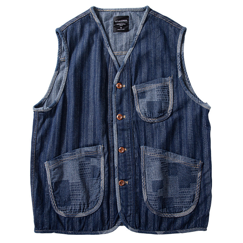 Men's Sleeveless Denim Vest in Workwear Look with Large Patch Pockets Mune Fashion