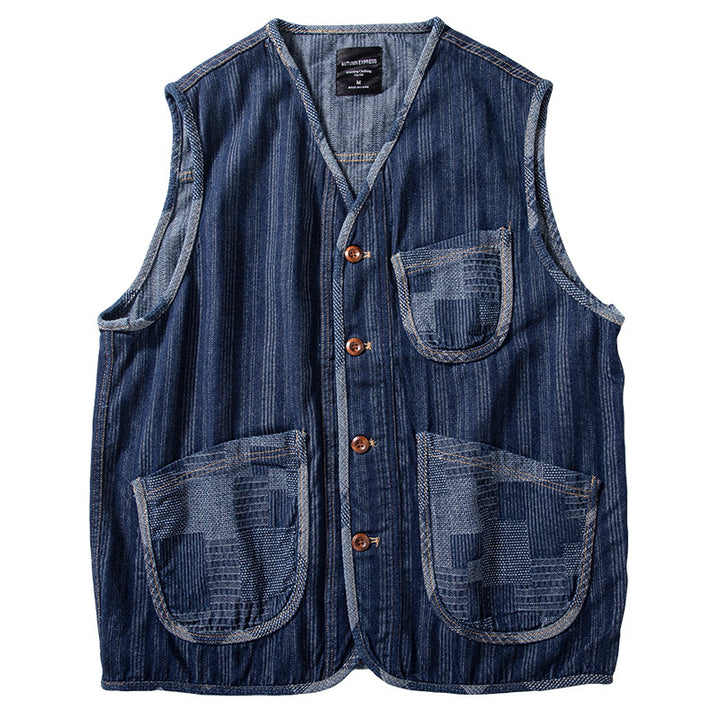 Men's Sleeveless Denim Vest in Workwear Look with Large Patch Pockets Mune Fashion