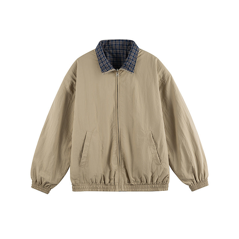 Unisex Lightweight Oversized Zip Jacket in Bomber Style with Checkered Collar and Elastic Cuffs Mune Fashion