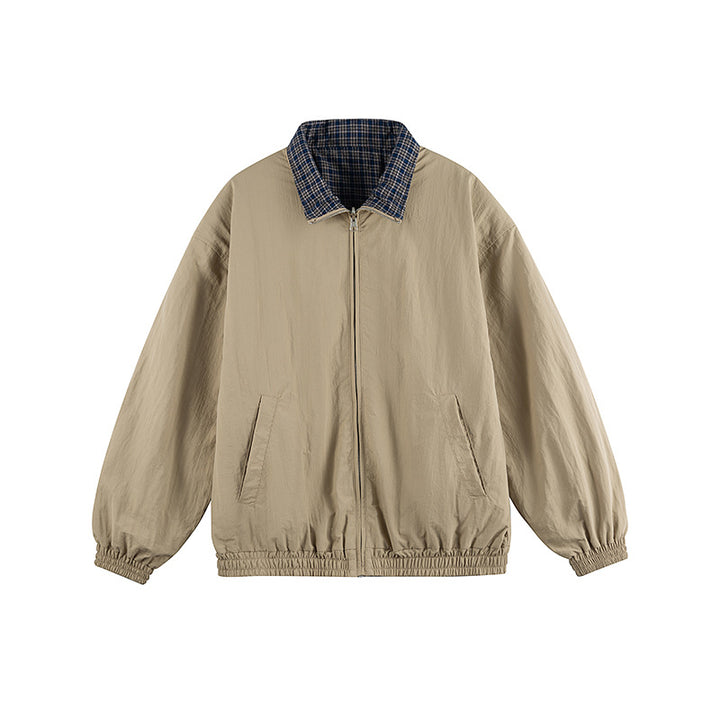 Unisex Lightweight Oversized Zip Jacket in Bomber Style with Checkered Collar and Elastic Cuffs Mune Fashion