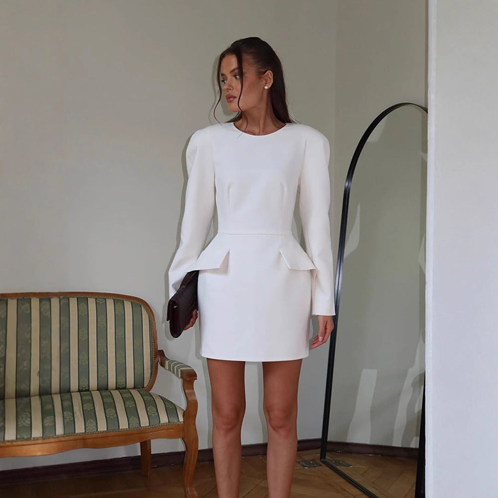 Women Tailored Minidress with Structured Shoulders, Long Sleeves and Suggested Peplum Mune Fashion