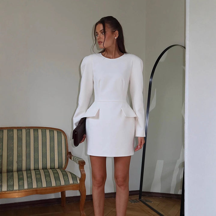 Women Tailored Minidress with Structured Shoulders, Long Sleeves and Suggested Peplum Mune Fashion