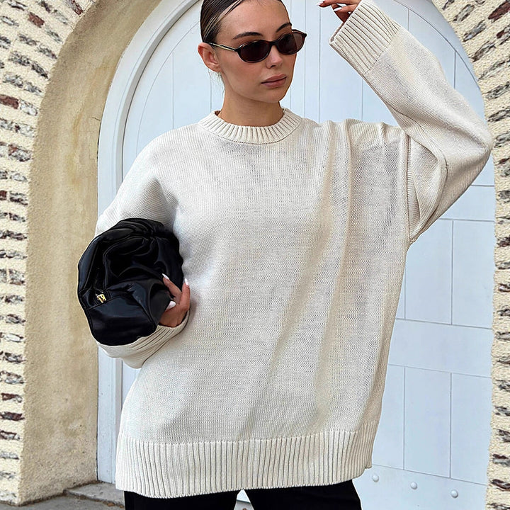 Women's Oversized Fine Knit Sweater with Round Neck & Extended Cuffs Mune Fashion