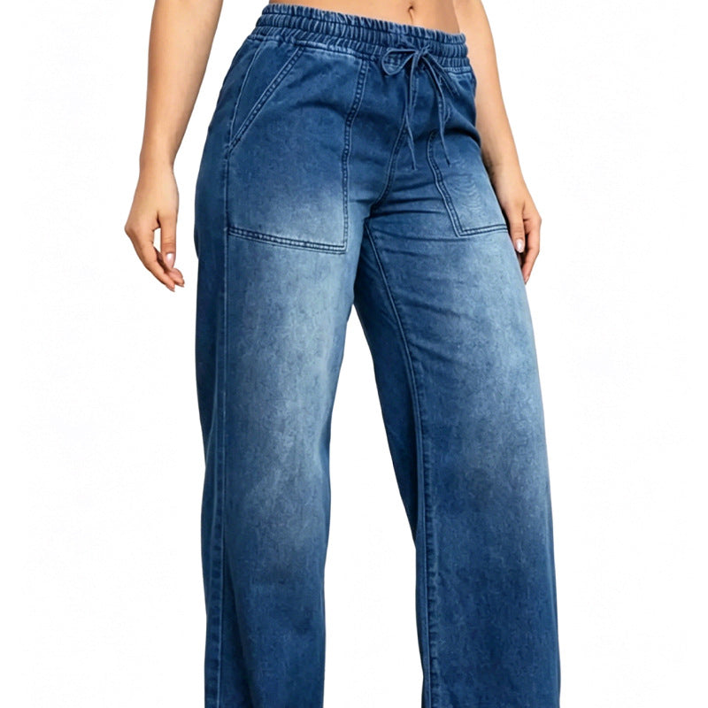 Women's Wide High-Waist Jeans with Elastic Waistband and Drawstring Mune Fashion