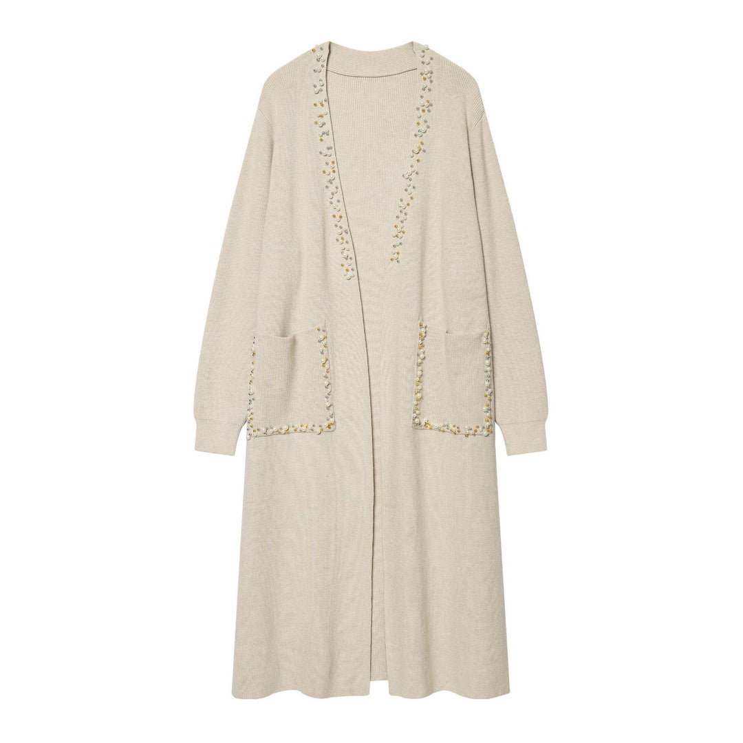 Women's long knitted cardigan with pearl trim and patch pockets Mune Fashion