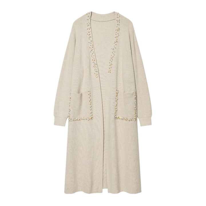Women's long knitted cardigan with pearl trim and patch pockets Mune Fashion
