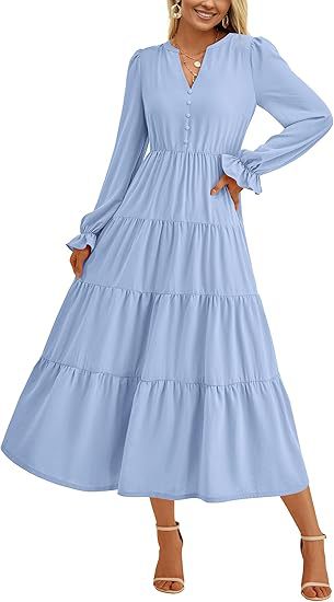 Women's Tiered Midi Dress with V-Neck, Gathered Waist Seam and Ruffle Cuffs Mune Fashion