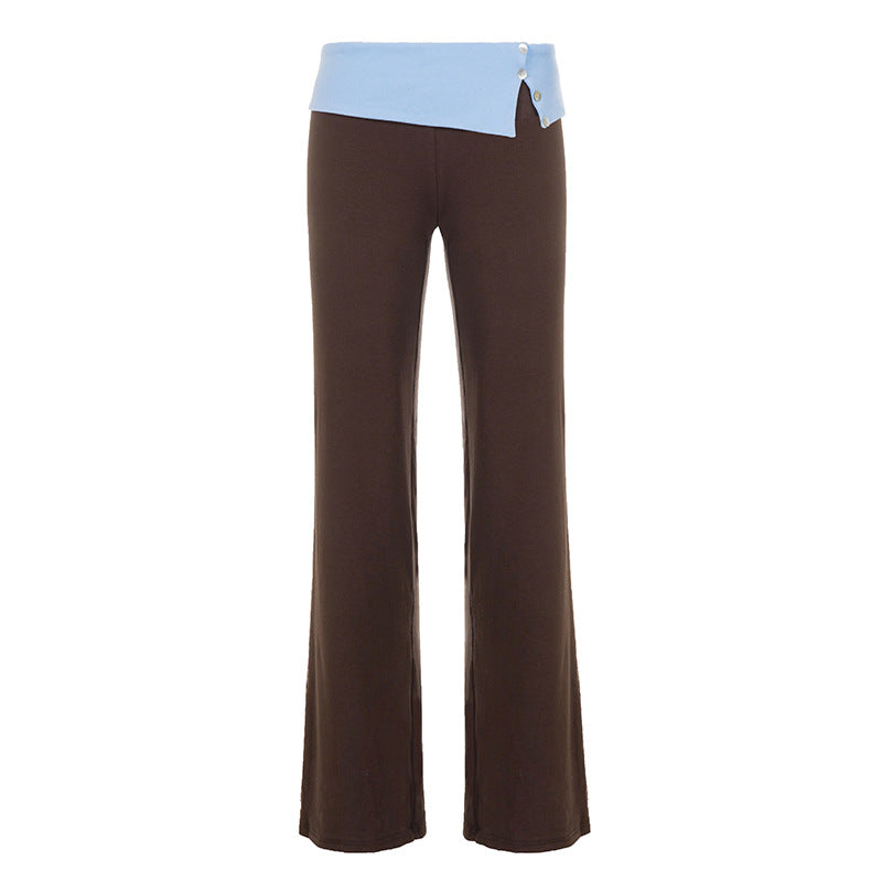 Ladies Jersey Flare Trousers with Asymmetrical Cuff and Decorative Buttons Mune Fashion
