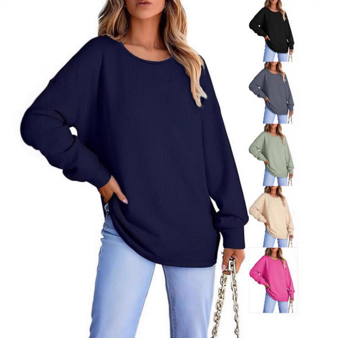 Women's Oversize Waffle Knit Sweater with Round Neck, Balloon Sleeves, and Extended Hem Mune Fashion