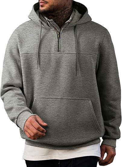 Men's hooded pullover with half zipper, kangaroo pocket and ribbed cuffs Mune Fashion